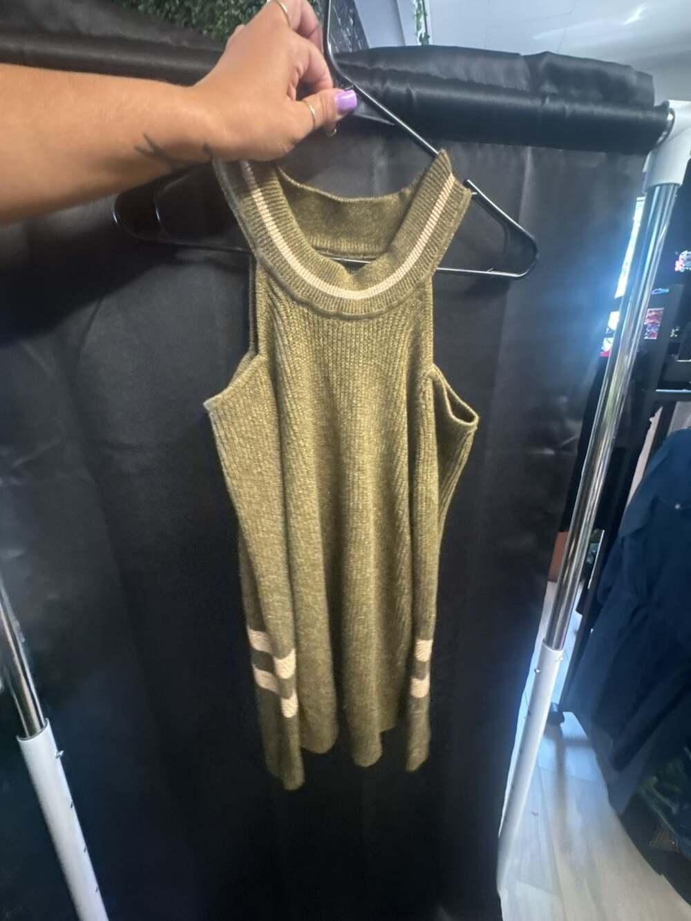 Olive Green Metallic Lurex Knit Cold Shoulder Sleeveless Sweater Top